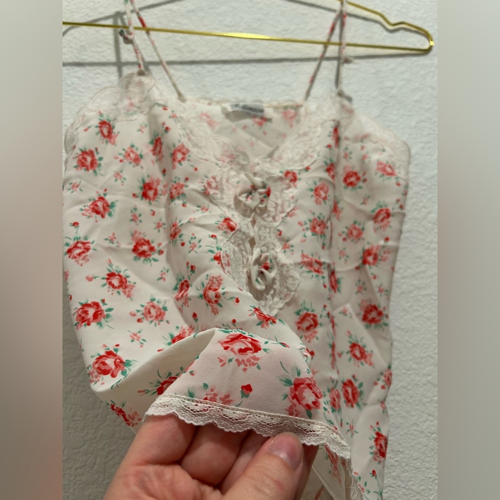 Pollinaise Vintage Red white Floral Lace silk satin Chemise cami slip tank top - Picture 2 of 8